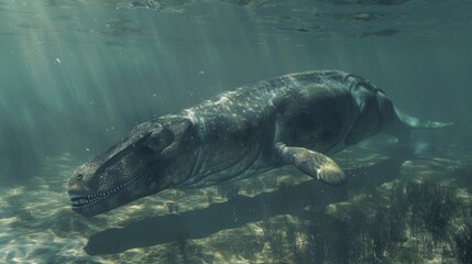 Fototapeta premium Mosasaurus is swimming in shallow waters toward you. This aquatic reptile lived during the Cretaceous period.