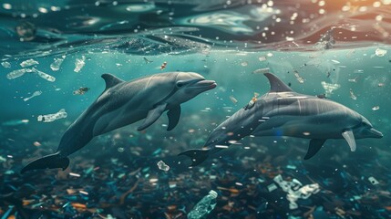 Fototapeta premium An ocean filled with microplastics and plastic waste. 3D illustration.