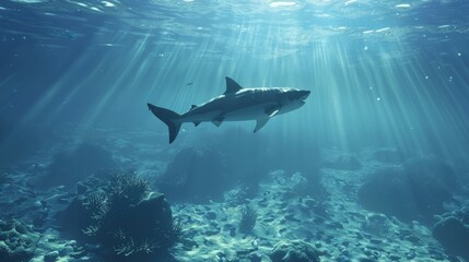 Obraz premium This 3D rendering shows a predatory great white shark swimming in the coral reef shallows below the water line, closing in on its prey.
