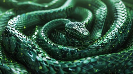 Fototapeta premium Three tangled snakes with metallic green scales on a fantasy background. Image rendered in 3D.