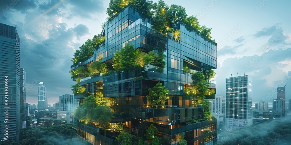Wall mural an eco-friendly glass office building in a modern city, with trees cutting down climate change and c - Wall murals