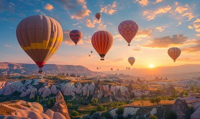 Naklejka premium Amazing hot air balloons in flight over a rocky landscape