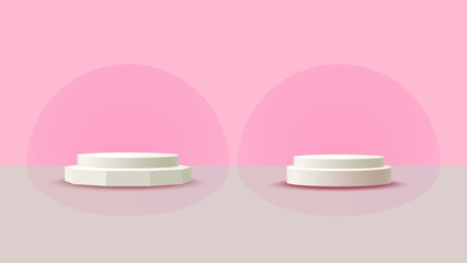 Display podium and stage with pink in circle and Polygon backdrop. A template for presenting products, special promotions or award ceremony. Vector.
