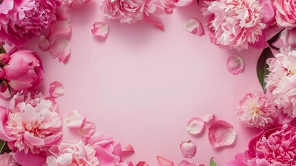 Obraz premium An artful arrangement of peonies and roses on a pink background. Abstract layout of natural flowers with text space. A romantic feminine composition suitable for wedding invitations. International