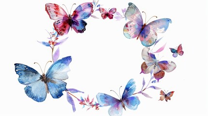 Isolated watercolor butterflies wreath on white background. Excellent for wedding stationery, invitations, postcards, and wedding stationery.