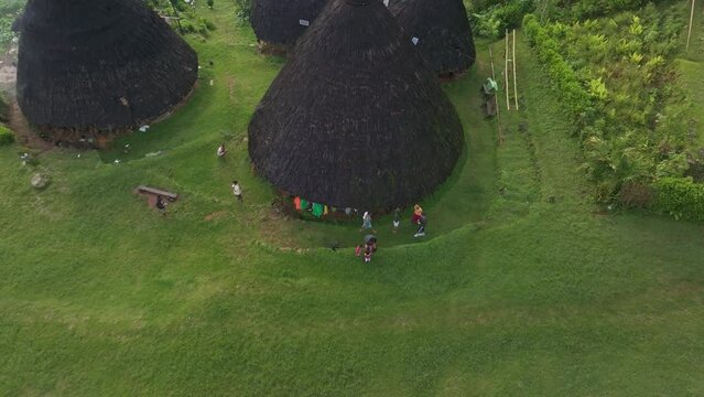 Aerial view of traditional village with thatched roofs and lush green surroundings, Wae Rebo, Flores, Indonesia.