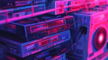 A vibrant, retro-futuristic scene of various cassette players and boomboxes illuminated in neon colors, showcasing a nostalgic yet modern aesthetic.