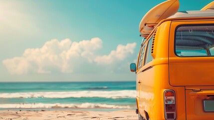 Detail of a colorful van on the beach with a surfboard on the roof. Summer concept of surfing and relaxing on the beach