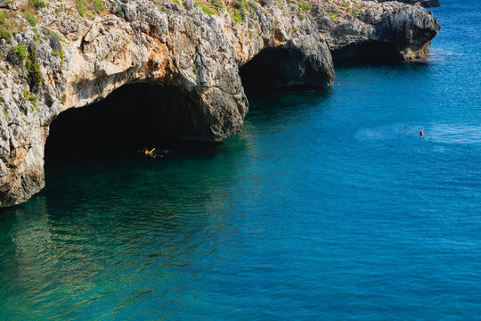 he famous Grotte Cazzafri, natural caves in the sea cliff at Santa Maria di Leuca, Lecce, Italy