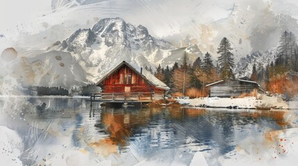 Fototapeta premium The cabin at the edge of the river is surrounded by snow peak mountains, a painting style illustration with grungy brush stroke textures, generated in illustrator