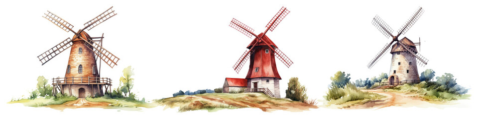 Cartoon windmill png element set on transparent background