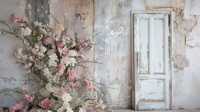 Photography background with delicate flowers and vintage door for maternity shoots, weddings, and wedding photos.