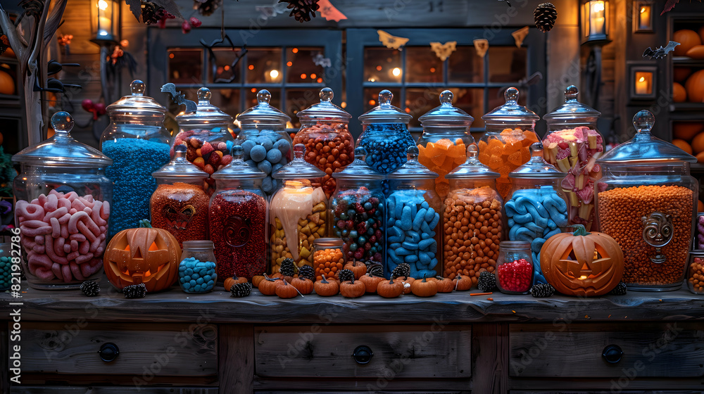 Wall mural A Halloween-themed candy bar at a party, with jars of sweets and spooky decorations - Wall murals