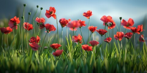 Bright red flowers bloom amongst the green grass, adding colour to the natural landscape.