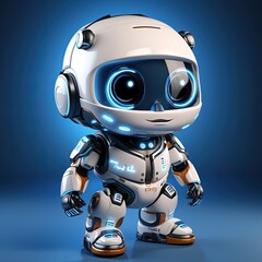 Adorable 3D Robot Character Interacting with Advanced Technology. Cartoon cyber character.