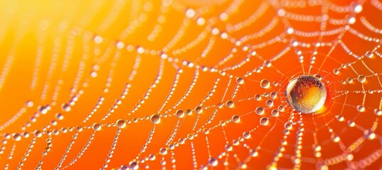Macro photography of spiderwebs adorned with dew drops basking in the morning sunlight