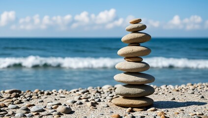 a cairn stands on a rocky beach on the ocean or seashore