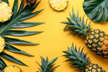Fresh pineapples and leaves on a vibrant yellow background, creating a tropical and fresh atmosphere, perfect for summer-themed content.