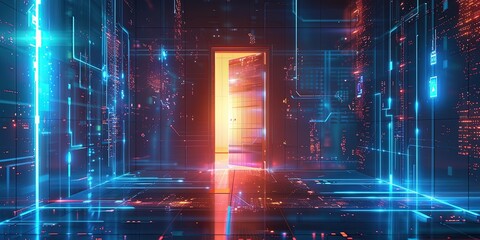 An open door leads to a future filled with glowing tech in a futuristic polygonal style.
