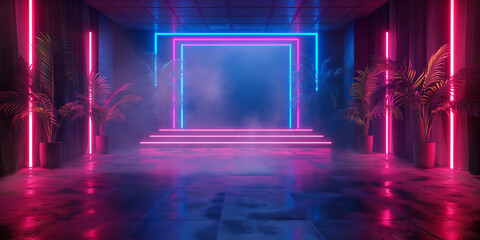 Obraz premium abstract red carpet blue light tunnel smoke abstract neon light show performance