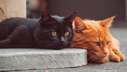 black and red street cats lie on the sidewalk next to each other