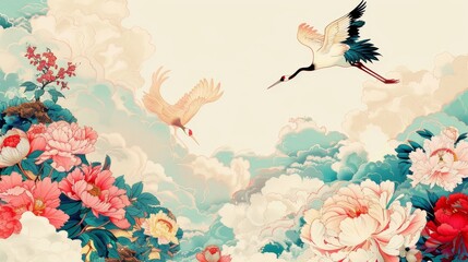 Vintage style crane birds and hand-drawn Chinese clouds. Peony flower and hand-drawn Chinese clouds.