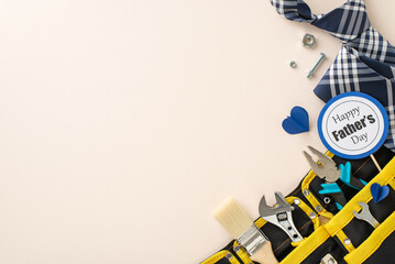 A creative layout celebrating Father's Day featuring various DIY tools, a stylish tie, and a Happy...