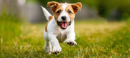 Cheerful dog joyfully playing and running in a lively garden or park environment