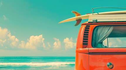 Detail of a colorful van on the beach with a surfboard on the roof. Summer concept of surfing and relaxing on the beach