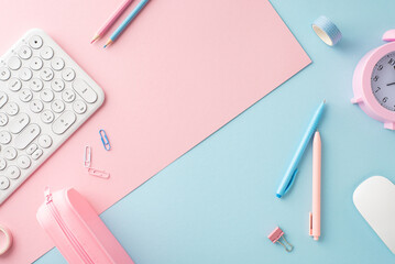 A stylish flat lay of pastel-colored office supplies, featuring a keyboard, pens, and other...