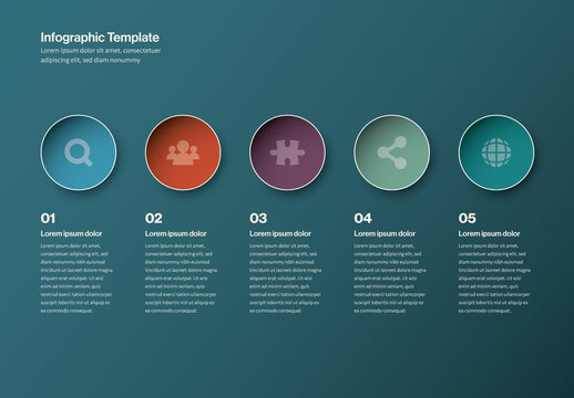 3D Dark Minimal Infographics Template with Circles in row
