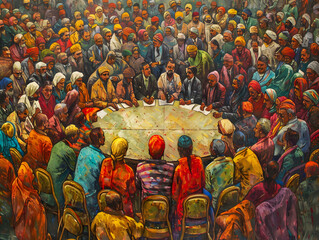 Vibrant Forum: A bustling space where people from all walks of life engage in lively discussions. Rendered in exquisite detail, capturing the diversity of participants and the energy of their debates.