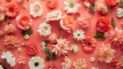 View from the air showing assorted blooms against a salmon backdrop with text insertion areas