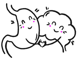 Doodle-style vector illustration of a smiling stomach and cheerful brain forming a heart with a hand-heart gesture. Sketchy, hand-drawn, simple black and white design