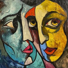 painting with 2 abstract faces , generated by AI