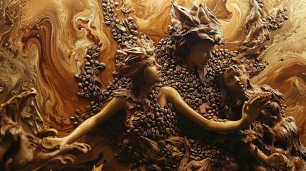 A surreal sculpture of human figures and faces emerging from a sea of coffee beans amidst swirling golden liquid, offering a mythical allure.