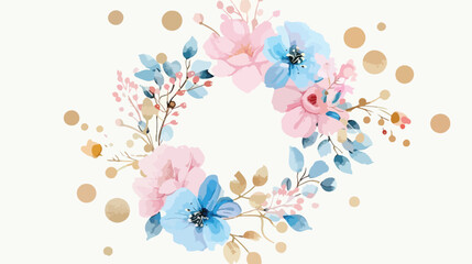 Watercolor pink blue floral wreath with gold circles