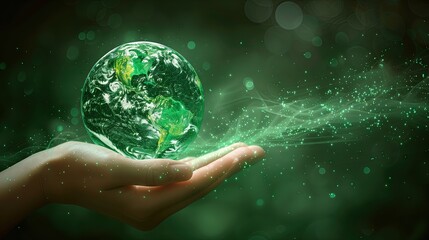 Green planet in hand Save the Planet represents sustainable practices. environmental protection harmony of nature ecological conservation clean air
