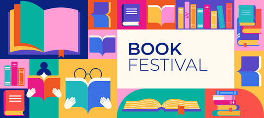 Book festival, books sale, back to school concept design. Colorful vector design and illustrations