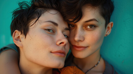 Portrait of LGBT couple, their clear eyes locked in a loving gaze