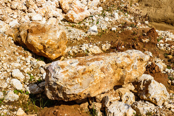 Large blocks of marble-like limestone in a quarry. Kaluga region, Russia
