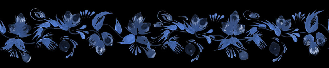 Floral seamless border pattern from blue hand drawn hazelnut sprigs, leaves and nuts isolated on a black background