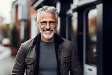 Portrait of a joyful man in his 50s with arms crossed while standing against scandinavian-style interior background