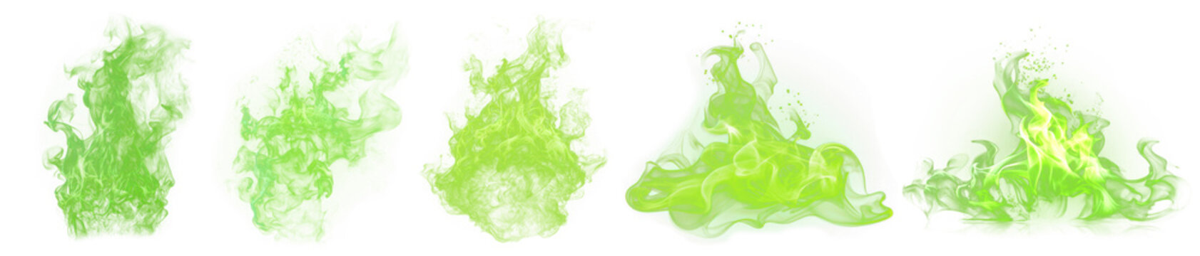 Green fire png element set on transparent background