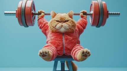 A cartoon cat is lifting a weight bar with blue background