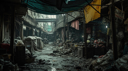 Obraz premium Post apocalyptic background image of desert city wasteland with abandoned and destroyed buildings, cracked road and sign.