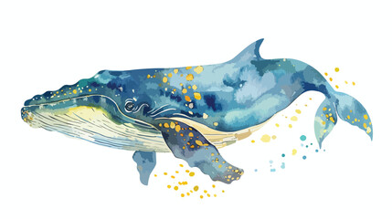 Whale fish watercolor cartoon sea life. Underwater 