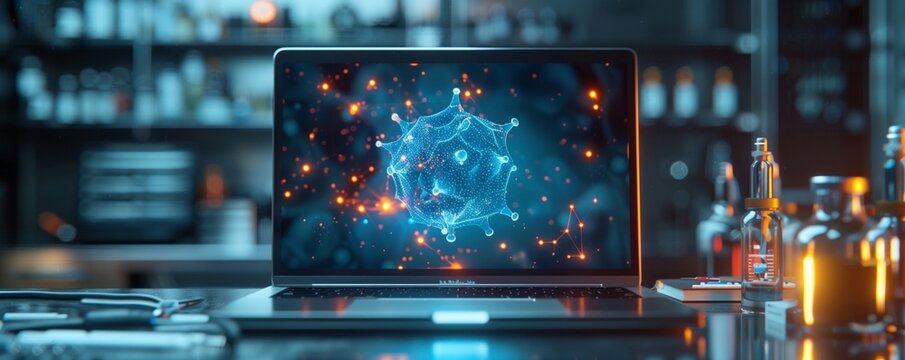 A digital representation of a virus on a laptop screen in a high-tech laboratory setting, highlighting biotechnology.