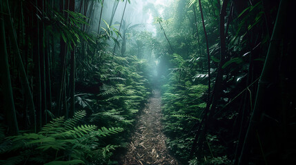 Narrow trail through lush, humid forest