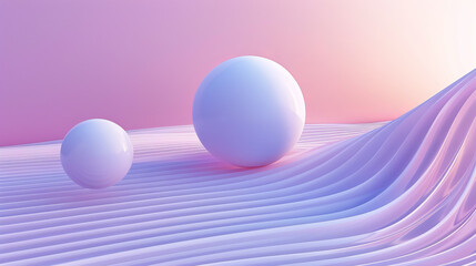 Two white spheres hover above a pink surface.